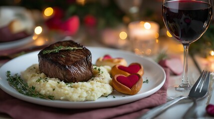 Elegant Valentine’s dinner setup with filet mignon, garlic mashed potatoes, and heart-shaped rolls, served with a glass of red wine