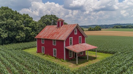 Obraz premium Red barn in a cornfield, aerial view.