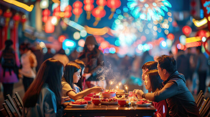 Obraz premium Chinese New Year family dinner, bustling street festival, performers in traditional costumes, colorful fireworks in the background, festive mood