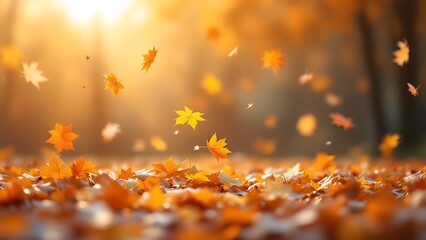 Autumn Background with Colorful Orange Leaves and Branches, Falling to the Ground, Template with Space for Copy