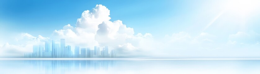 Fototapeta premium Majestic cityscape against a breathtaking cerulean sky dotted with serene, cottonlike clouds.