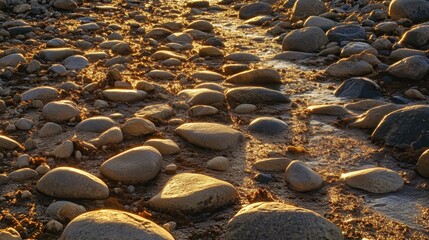 Fototapeta premium Glimmering Stones by Stream at Sunset