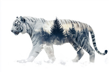 double exposure  silhouette of a white Usuri tiger and blue snowy taiga World Wildlife Day Poster Design