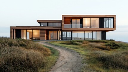 Fototapeta premium Modern wood and glass house on grassy hill.