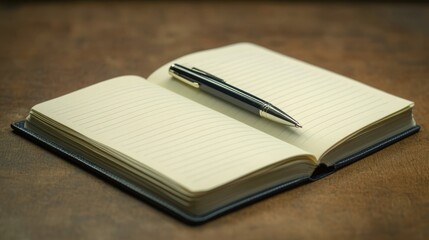 Open lined notebook with pen on wooden desk surface