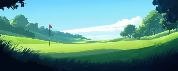 Gardinen Scenic golf course with lush green grass and a distant flag, serene outdoor activity, sports lifestyle. © Viacheslav