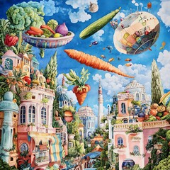 Obraz premium Surreal painting of a whimsical city built from vegetables and fruits floating in the sky. Vibrant colors and fantastical architecture create a dreamlike scene.
