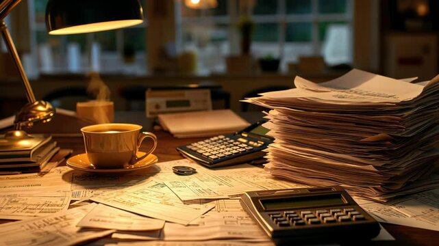 Workplace clutter reveals busy tax preparation season in an office setting during late evening hours