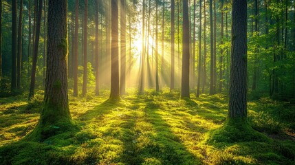 Obraz premium Sunbeams Through the Trees: A Serene Forest Morning