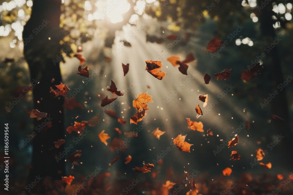 Poster colorful autumn leaves fall gracefully in a serene forest illuminated by golden sunlight and soft ra