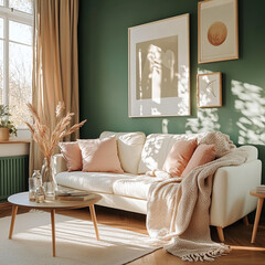 Elegant Living Room with Light Green Walls and Gold Trim