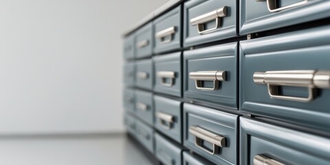 A row of metal drawers with silver handles