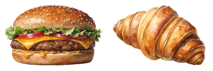 Delicious hamburger with cheese, fresh lettuce, ripe tomatoes, flaky croissant, gourmet food, appetizing presentation.