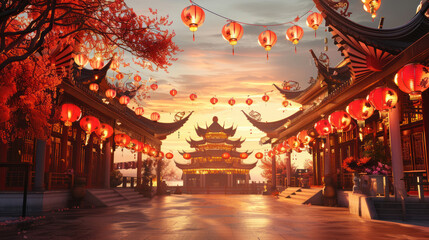 Chinese New Year festival, vibrant festival with red and gold lanterns, traditional Chinese architecture, celebratory atmosphere, detailed design elements