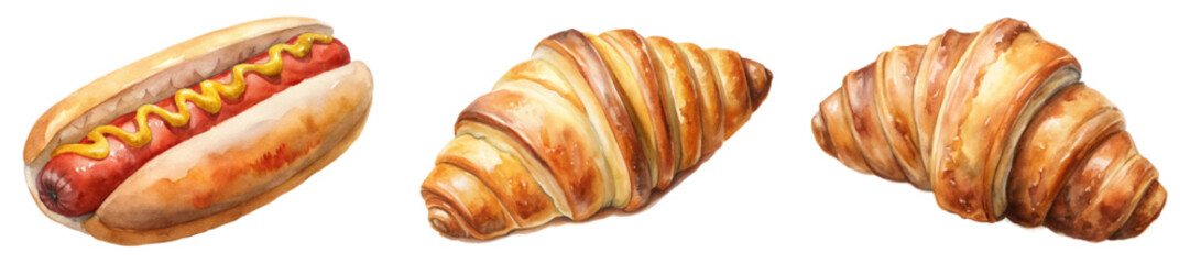 Delicious hot dog, flaky croissant, fresh baked goods, watercolor illustration, food art, culinary design.