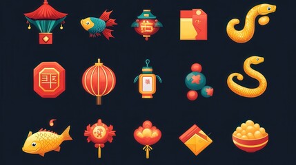 A collection of Chinese New Year icons for 2025, showcasing the golden snake, fireworks,