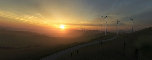 Scenic sunset over a modern wind farm, renewable energy focus, serene and sustainable landscape.