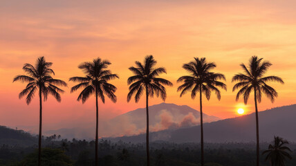 Obraz premium Visual Representations of Wildfire Devastation Theme, Sunset over palm trees with mountain backdrop creates serene atmosphere