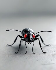 Fototapeta premium A small black insect with red eyes sitting on the ground