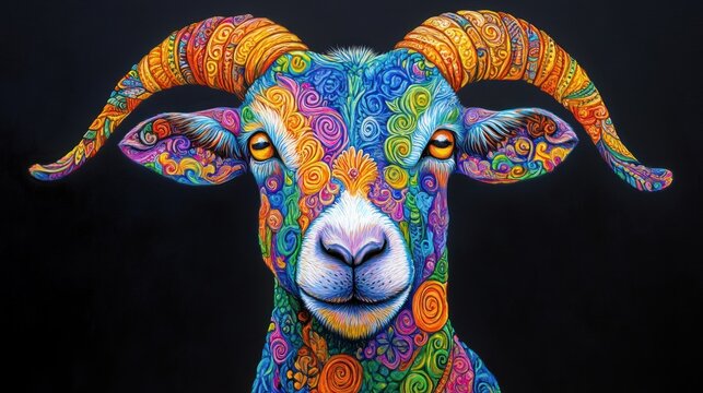 Colorful goat portrait on black, ornate design.