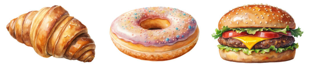 Delicious pastries, colorful donut, gourmet burger, watercolor illustration, food art, appetizing design, culinary delights.