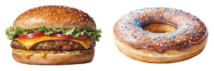 Delicious hamburger and donut, colorful food illustration, fast food style, appetizing dessert, vibrant colors, tempting treats.
