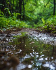 Rainy Day Serenity: A Forest Puddle Reflecting Tranquil Nature