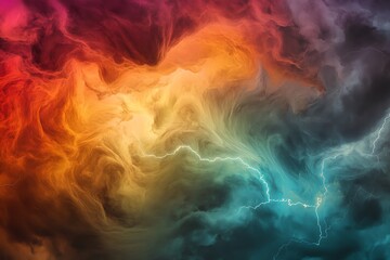 Fototapeta premium Abstract art depicting vibrant swirling colors, resembling a cosmic nebula or fiery storm. Intense hues blend dynamically with a striking lightning bolt.