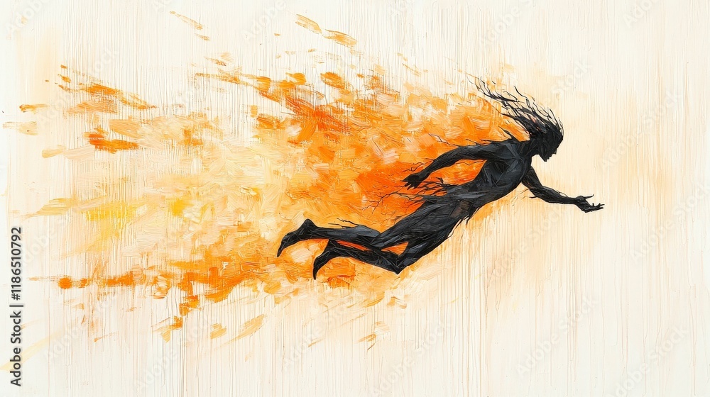 Poster dynamic figure in abstract flight with fiery trails of color and movement against a light background