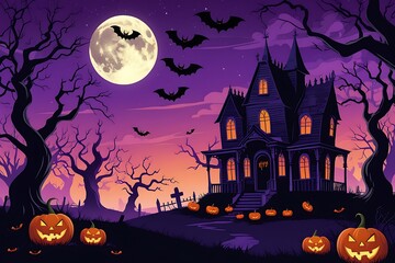 Happy halloween banner or party invitation background with violet fog clouds and pumpkins 