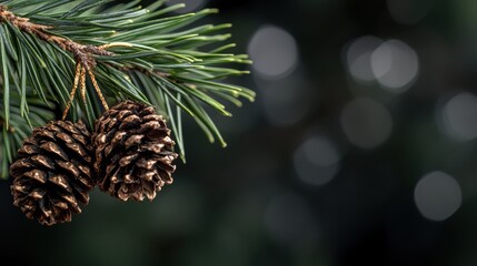 Fototapeta premium Evergreen branch adorned with natural pinecones, exuding a classic winter holiday charm against a softly blurred background.