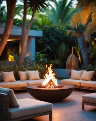 A tropical lounge area with a fire pit and soft lighting for evening relaxation