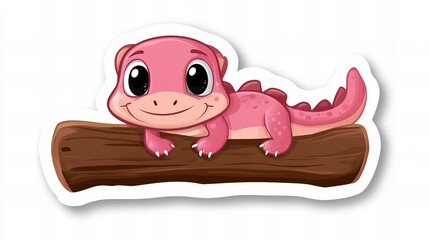 Adorable pink dinosaur resting on a log. Cartoon illustration.
