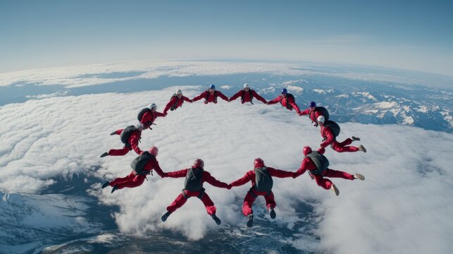 A breathtaking aerial view captures skydivers forming a perfect circle while free-falling above fluffy clouds, embodying unity and adventure.