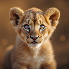 Obraz premium a young lion cub looks directly at the camera