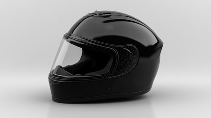 A close-up shot of a black motorcycle helmet on a white background