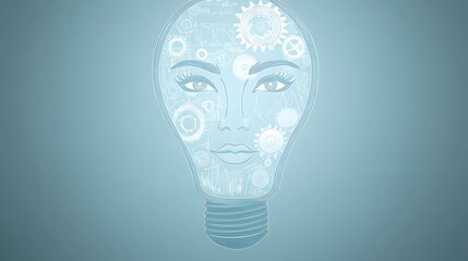 Woman's face inside lightbulb; gears, ideas.