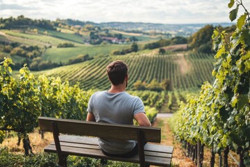 Fototapeta premium Man sitting on a bench in a vineyard, half-body shot, enjoying the view of grapevines stretching across rolling hills, warm holiday afternoon, casual outfit, content and peaceful expression