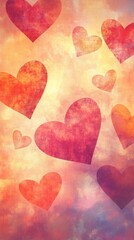 Blurred soft pink and red heart bokeh lights glowing gently, ideal for love-themed visuals, book illustration style