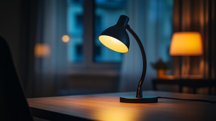 Cozy room with modern black desk lamp and warm lighting ambience