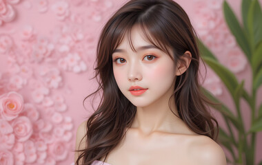  女性、ピンク、美容、コスメ、スキンケア、ナチュラル、韓国、日本人、美人、かわいい、ボディケア、セルフケア、ビューティー、美肌、美顔、小顔、エステ、サロン、美白、ホワイトニング、オルチャンメイク、オルチャンヘア、シースルーバング、オフショルダー、チューブトップ、若い、20代、脱毛、モデル、カメラ目線、保湿、素肌、はり、つや、アンチエイジング、エイジングケア、化粧品、メイク、ニキビケア、UVケア、キ