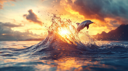 Obraz premium A pair of dolphins leaping out of the ocean against a radiant sunrise, minimal.