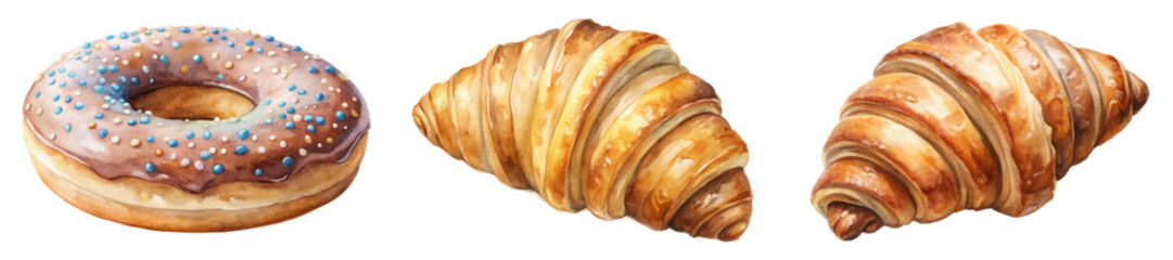 Delicious pastries, watercolor illustration, sweet donut, flaky croissant, bakery treats, gourmet snacks.