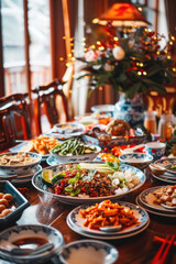 Obraz premium Chinese New Year food, serene family dinner setting, traditional dishes on the table, warm lighting, harmonious atmosphere