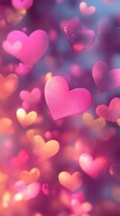 Blurred soft pink and red heart bokeh lights glowing gently, ideal for love-themed visuals, book illustration style