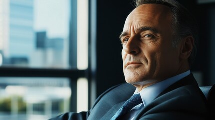 Executive Contemplation: A seasoned businessman with a determined gaze and a thoughtful expression sits in his office, contemplating the city skyline through a large window.