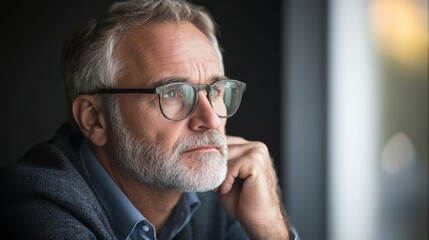 Fototapeta premium Contemplative Senior: A thoughtful senior man with salt and pepper beard and glasses, lost in contemplation, gazes out a window, his expression conveying a sense of quiet reflection. 
