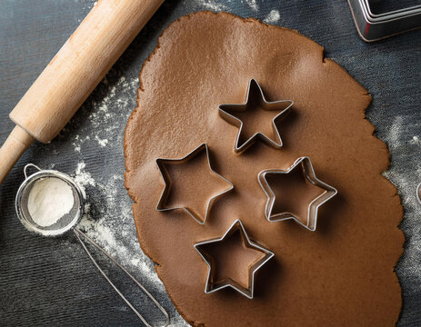Holiday baking with star-shaped cookie cutters on rolled gingerbread dough in a cozy kitchen setting
