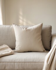 Beige Pillow Rests on Neutral Sofa with Throw