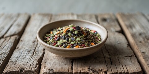 Bowl of mixed seeds on rustic wooden table